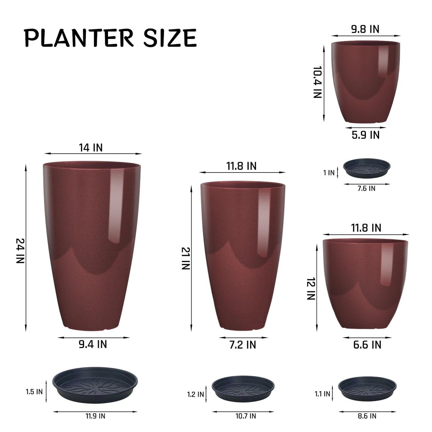 ZMTECH 24 21 12 10 Inch Tall Plant Pots for Indoor & Outdoor Use Set of 4, Large Plastic Planters with Drainage Hole and Saucer for Outside,Front Porch, Patio, Garden, Wine Red