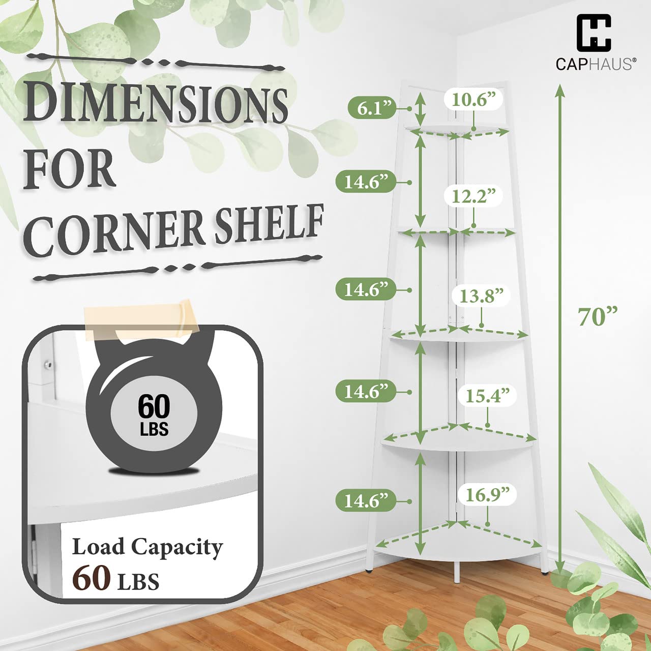 CAPHAUS Tall Corner Shelf Stand, 5-Tier Display Shelves, Ladder Corner Wood Storage Plant Bookshelf with Metal Frame, Versatile Shelving Unit Bookcase for Home Office Space, White