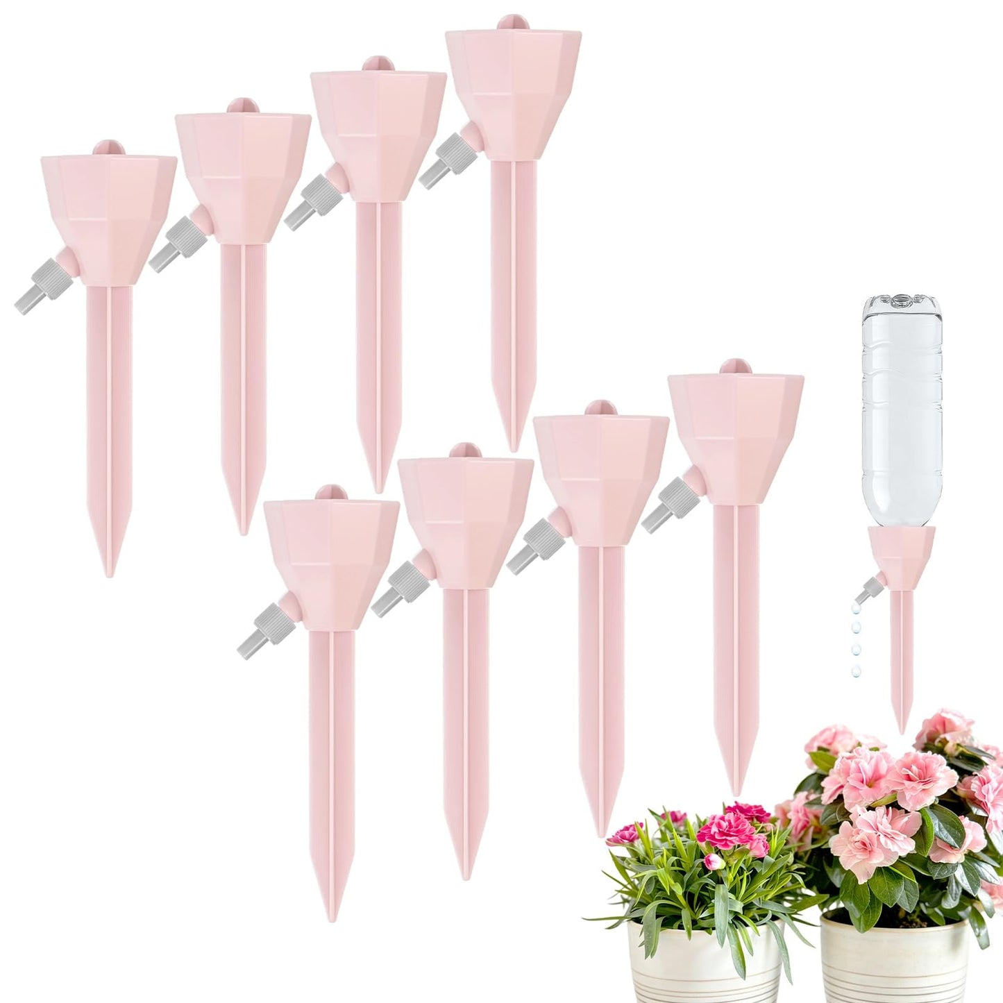 M METERXITY 8-Pack Self Watering Spikes for Plants, 5.3 Inch Plastic Plant Watering Devices with 8 Stoppers for Indoor/Outdoor Pots, Garden Water Planter System [Pink]