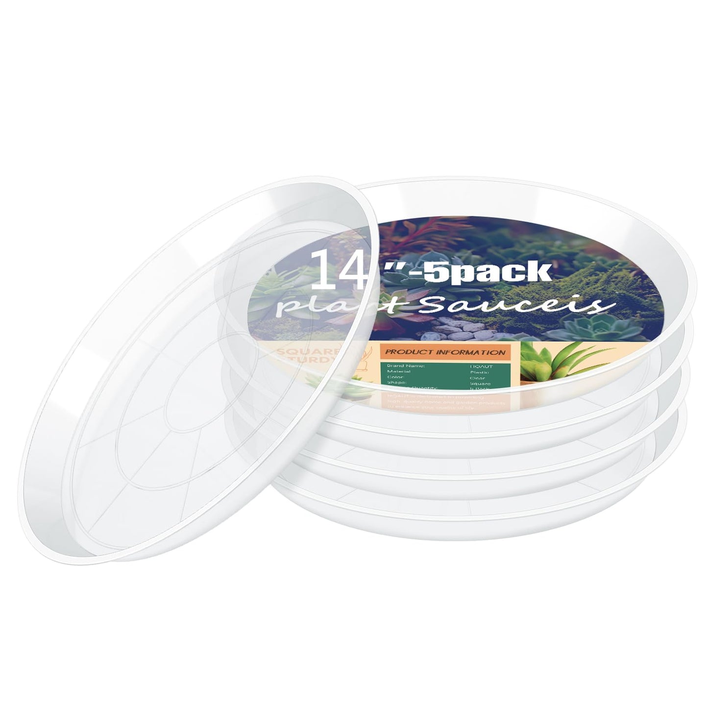 HQAUT 4 6 8 10 12 14 16 18 20 22 Inch Clear Plant Saucer, 5 Pack Durable Plastic Water Catcher Trays for Flower Pots, Plant Drip Trays for Indoor Outdoor Planter(14inch)