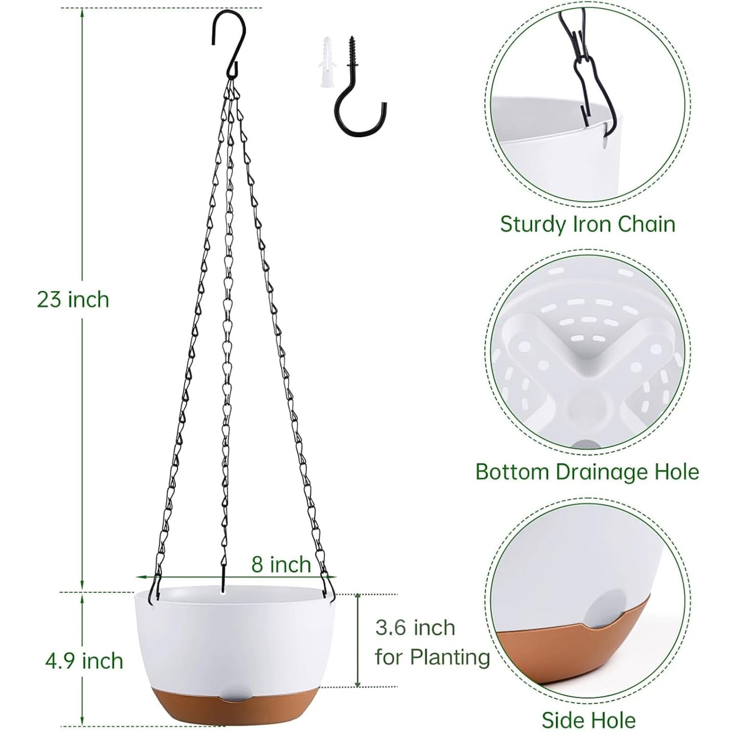 Kvetto Set of 2 Hanging Planters for Indoor Outdoor Plants, 8 Inch Self-Watering Hanging Flower Pots with Drainage Hole & Removable Water-Storage Tray (Hooks)