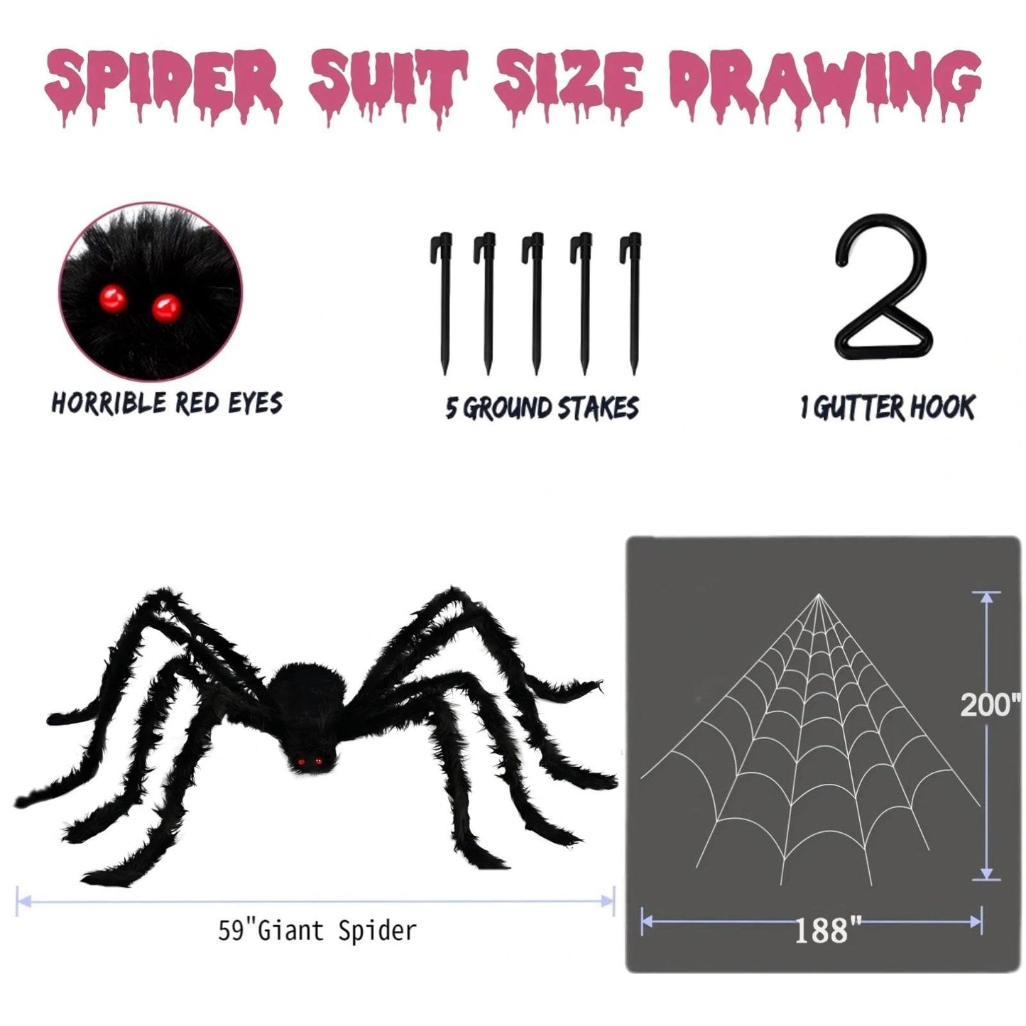 PUHPIG 200" Halloween Spider Web + 59" Giant Spider Decorations, Triangular Huge Spiders Web and Hairy Scary Fake Spider, for Indoor Outdoor Porch Yard, Scary Haunted House Party, and Halloween Décor