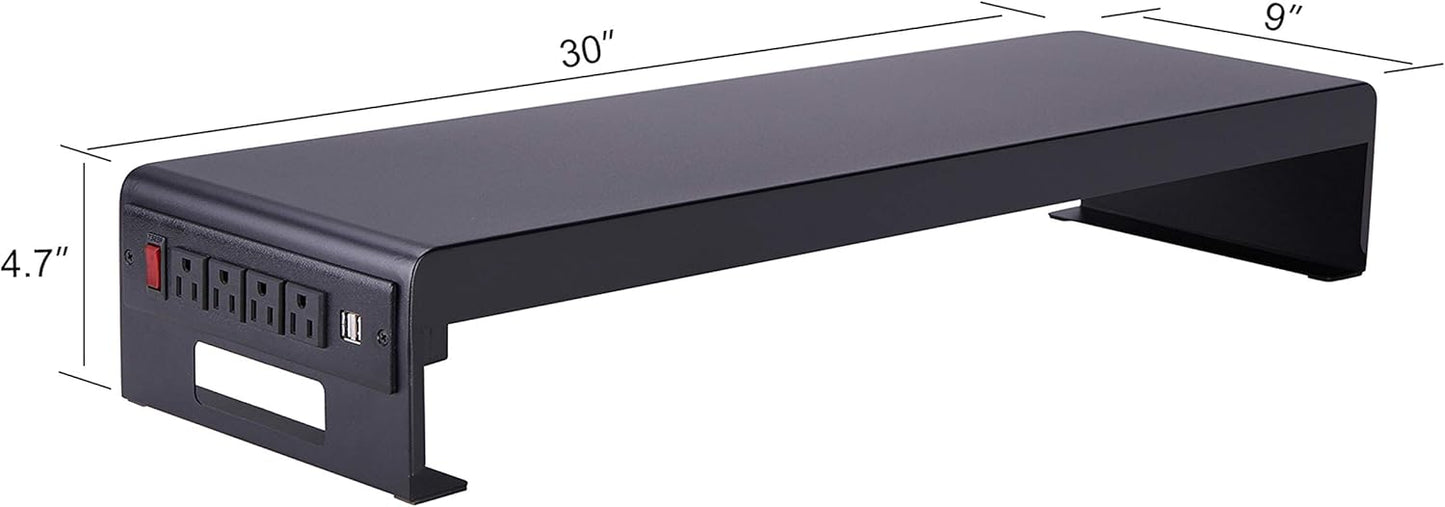 Rocelco 46" Standing Desk Converter with AC USB Charger and Dual Monitor Stand - Height Adjustable Three Screen Riser Computer Workstation - Sliding Keyboard Tray - Black (R DADRB-46-ACUSB-DM3)