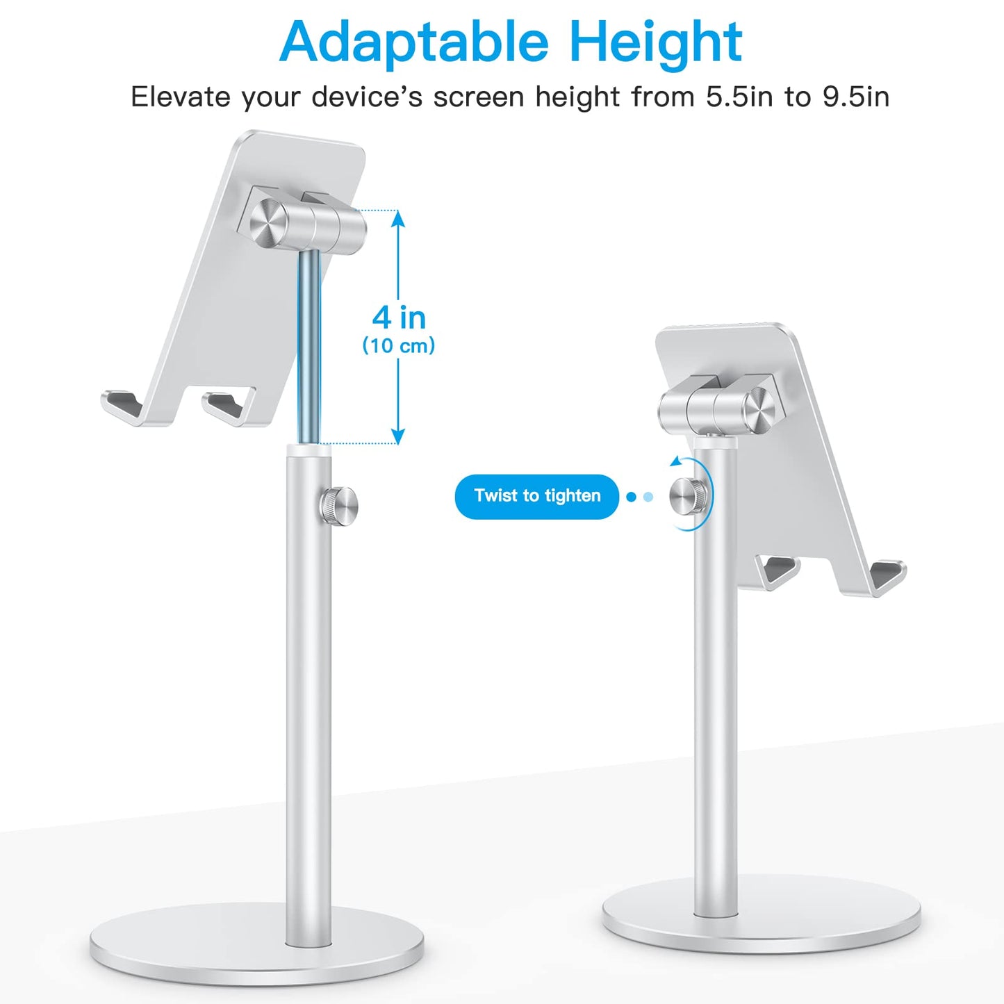 OMOTON Cell Phone Stand, Angle Height Adjustable Phone Holder, Aluminum Desktop Phone Dock for Desk, Compatible with iPhone 17 Pro Max, All Smartphones and Tablets(4-11''), Silver