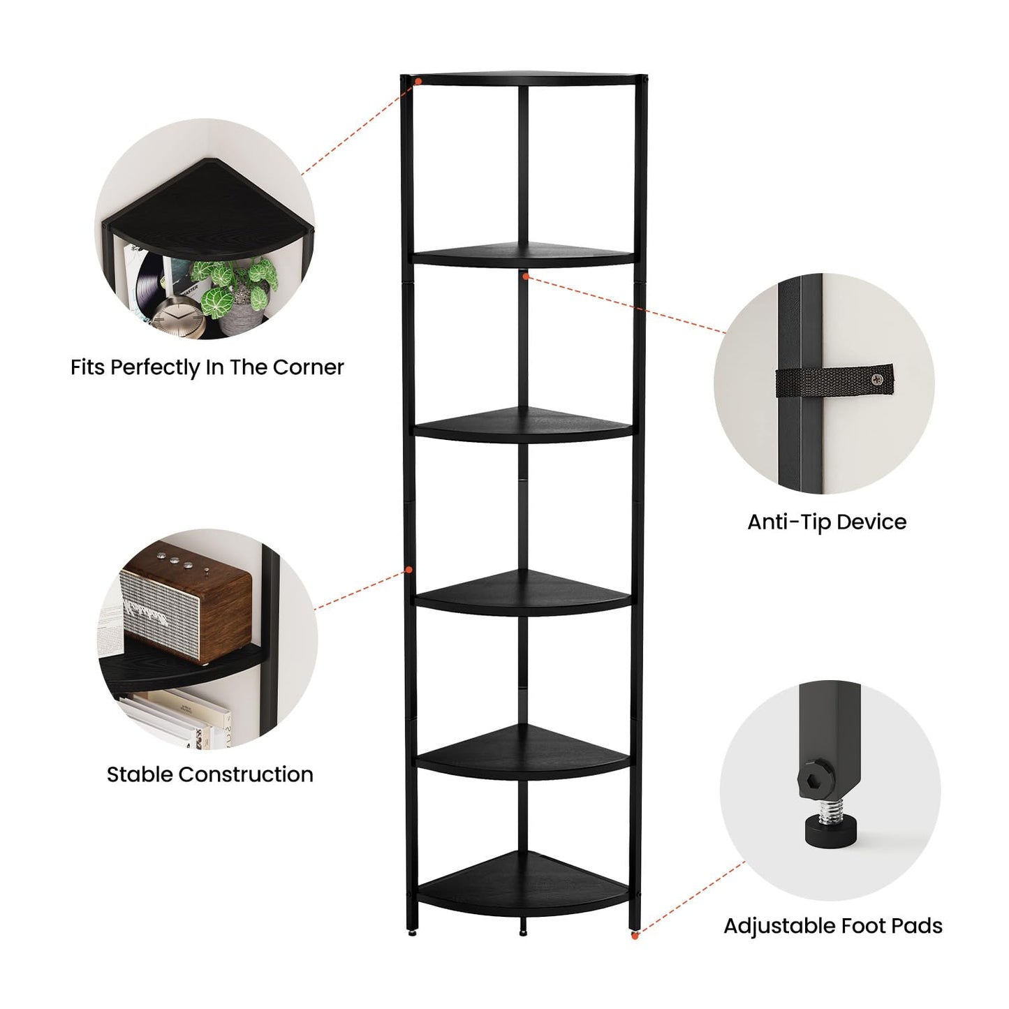 6 Tier Corner Shelf 63.1" Tall Corner Shelves stand Ladder shelf metal Standing Bookshelf Organizer Display Rack Bookcase Plant Stand Industrial for Living Room Bedroom Black Wood grain CS-001B3