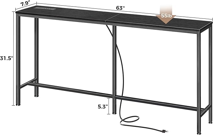 SUPERJARE Console Table with Outlet, 63 Inch Sofa Table with Charging Station