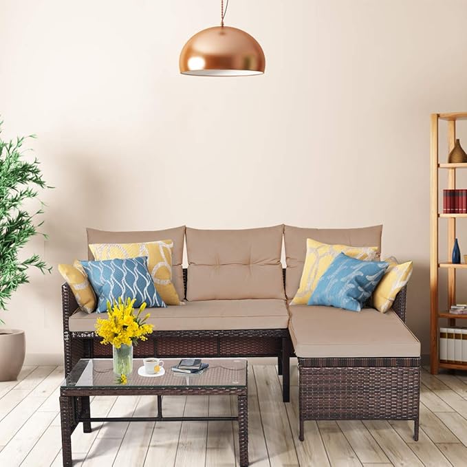 Tangkula Patio Corner Sofa Set 3 Piece, Outdoor Rattan Sofa Set, Includes