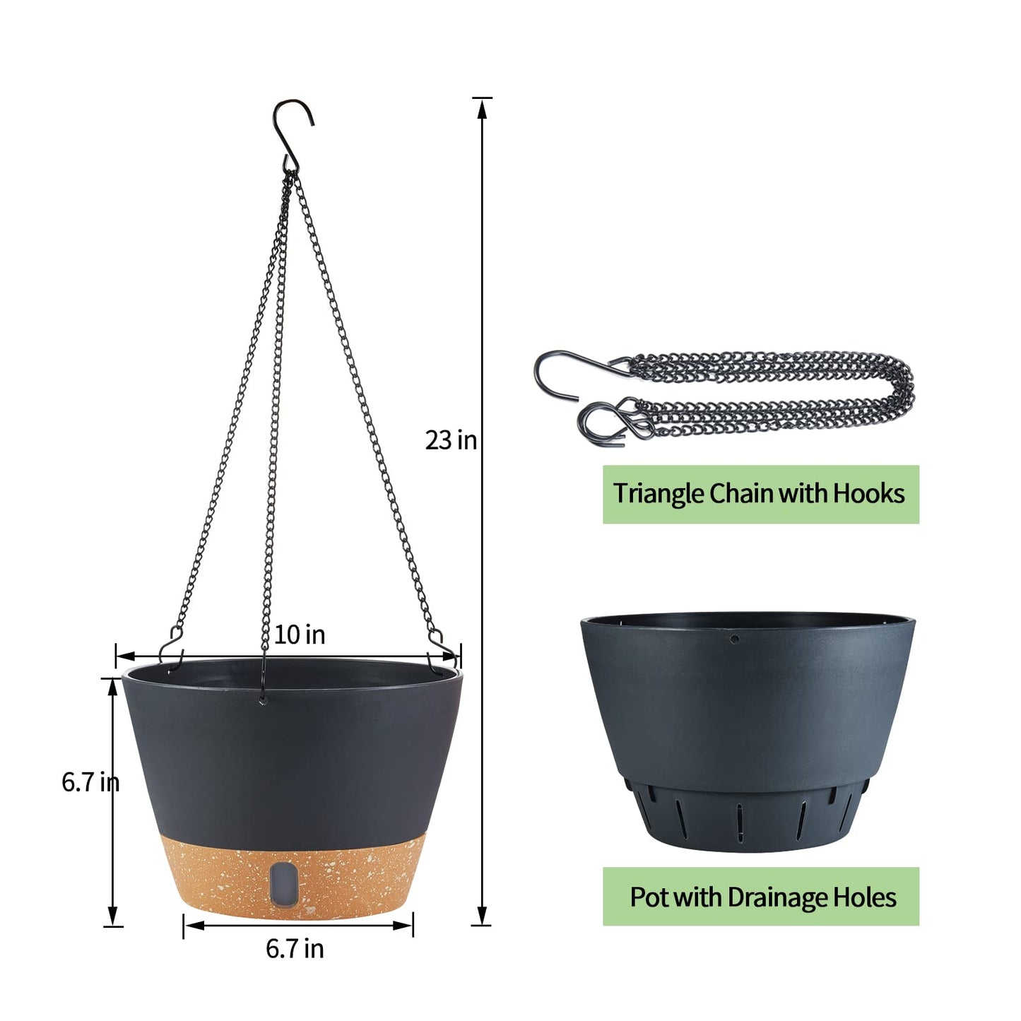 WIZROL 2 Pack Hanging Planters for Indoor Outdoor Plants, 10 Inch Hanging Flower Pot Basket with Drainage Hole with Removable Tray&Hooks Self Watering Plant Pot for Hanging Plants, Dark Grey