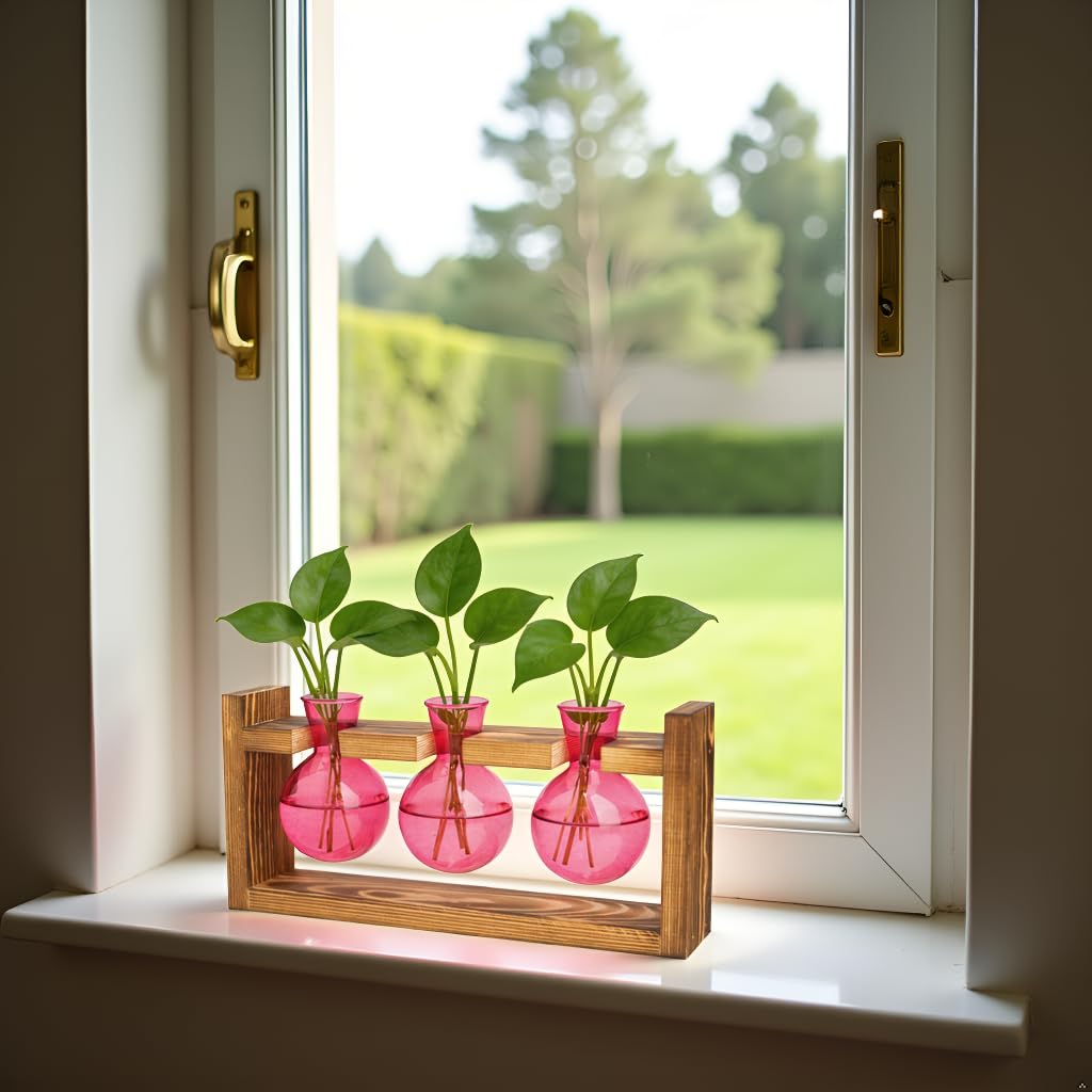 XXXFLOWER Glass Plant Terrarium Propagation Station, Gifts for Mom Plant Lovers Wife Daughter, 3 Bulb Glass Vase Plant Terrarium Tabletop for Hydroponics Home Office Indoor Decor (Pink)