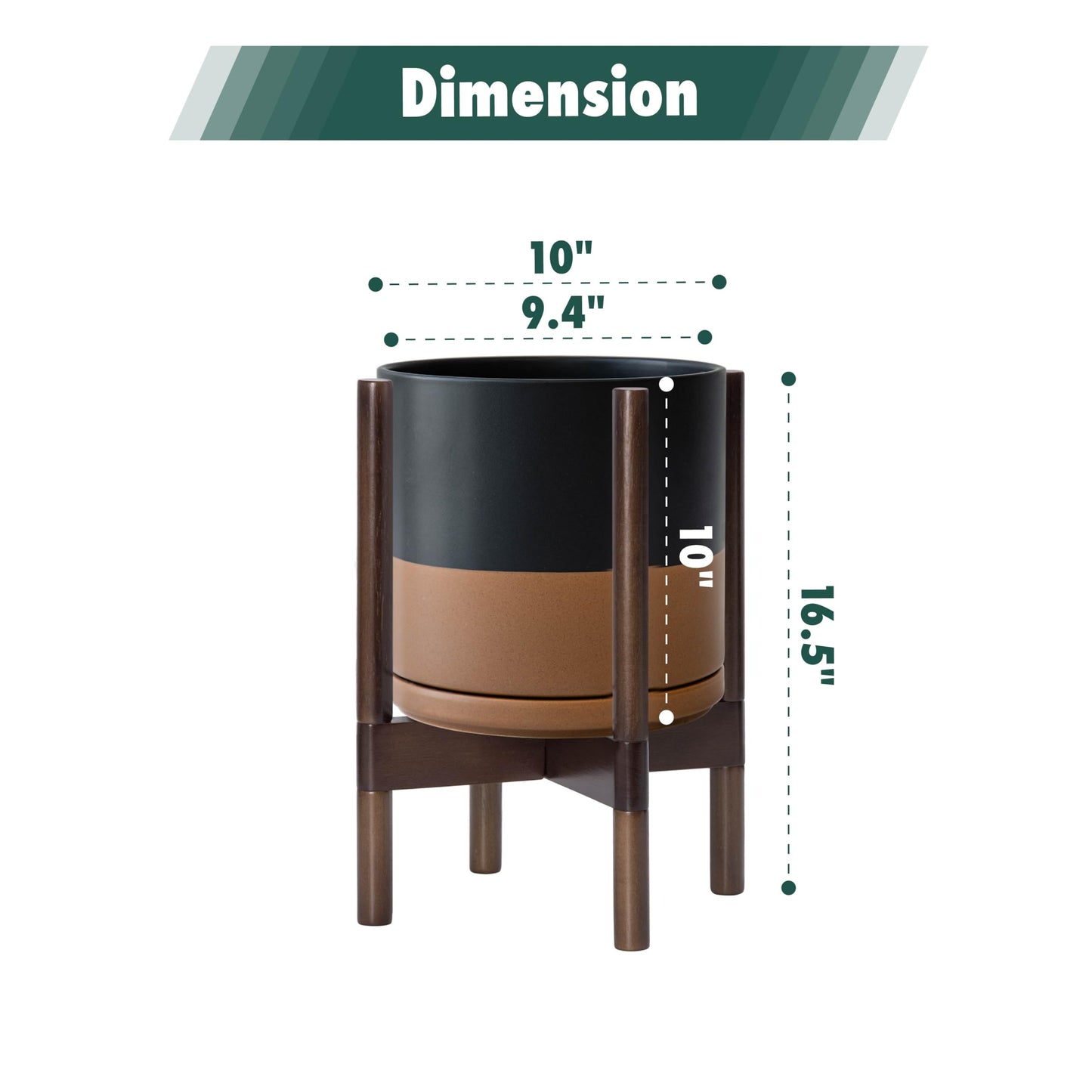 D'vine Dev Ceramic Planter with Walnut Color Stand - 10 Inch Modern Round Flower Pot with Wood Planter Holder, Black/Speckled Tan, 55-B-X-7