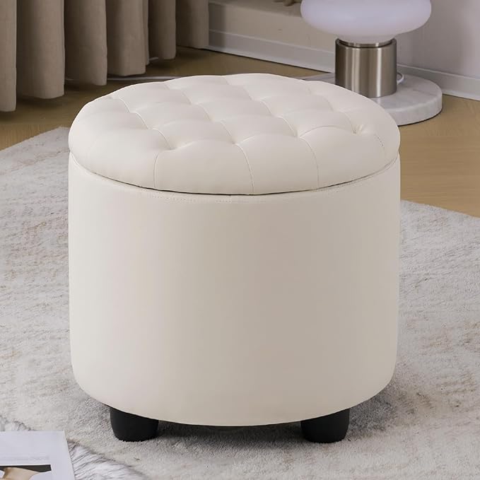 Furniliving Upholstered Button Tufted Round Ottoman, PU Storage Ottoman Round