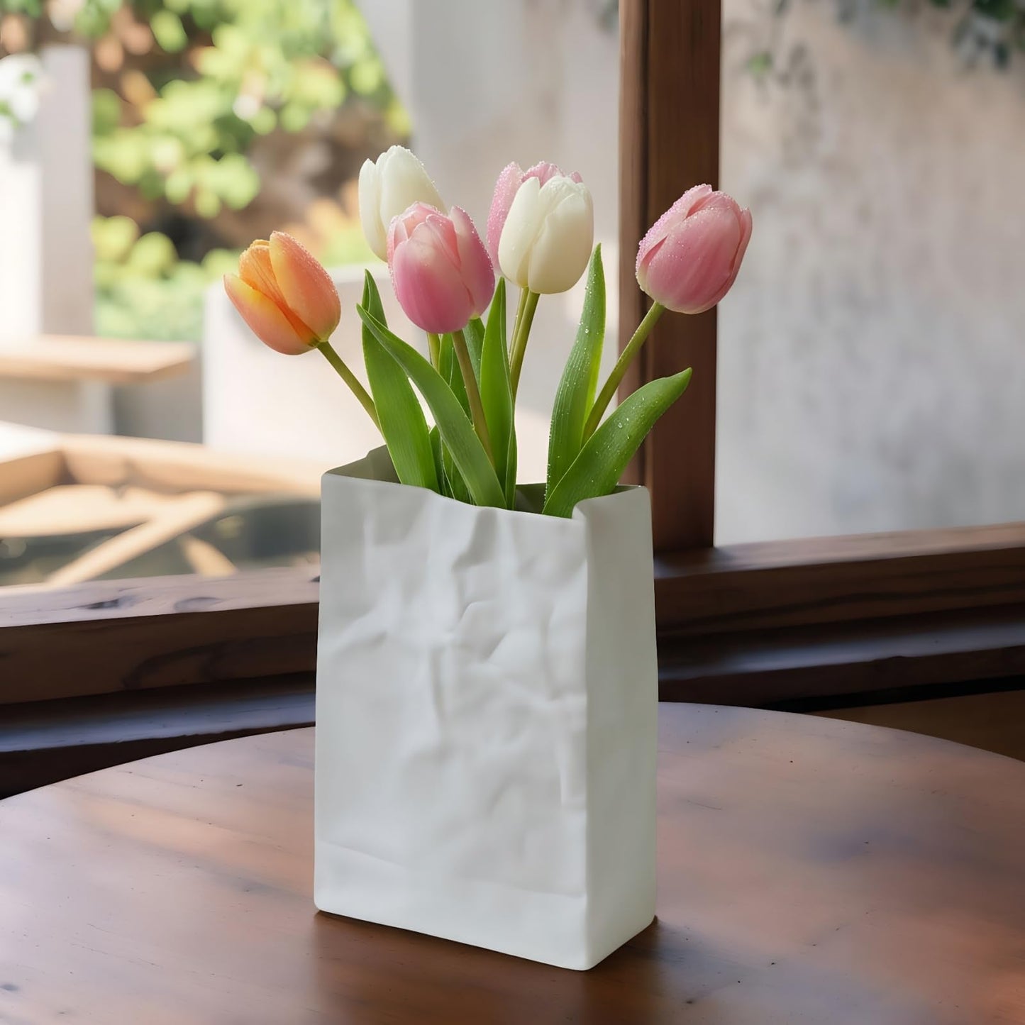 Pumtus Crinkle Paper Bag Ceramic Vase, 7.5 Inch Unique Flower Vase, White Matte Square Wide Mouth Pleated Planter, Minimalist Boho Pot for Flower Arrangement Table Centerpiece Home Office Decor