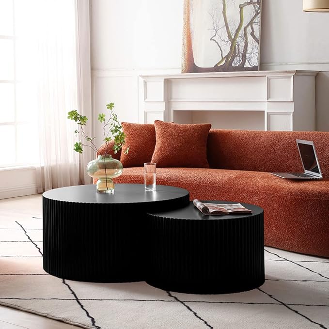Black Round Coffee Table Nesting End Table Set of 2 Fluted Side Tables Set