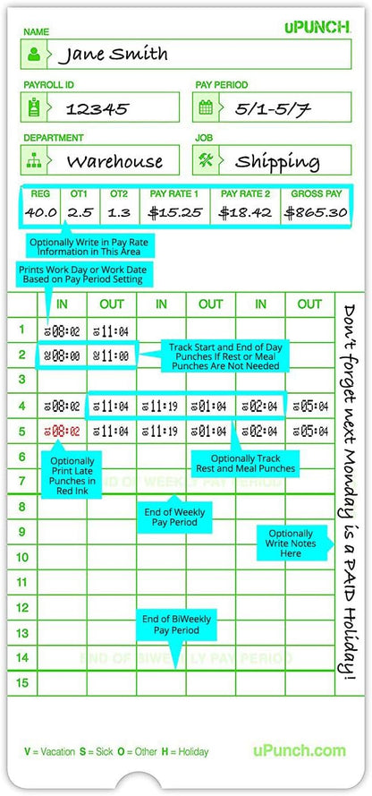 uPunch Time Clock Cards Hn3000, Two Sides, 7.37 X 3.37, 50/Pack