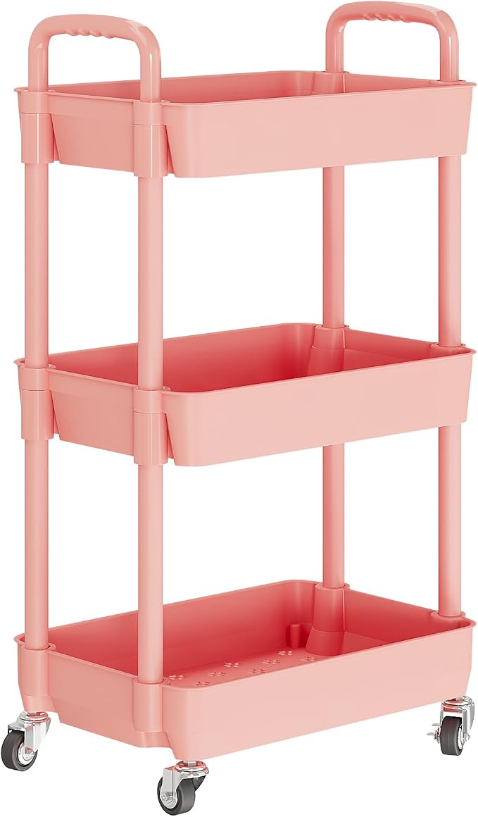 Laiensia 3-Tier Rolling Cart with Wheels,Multifunction Utility Storage Carts, Kitchen Storage Organizer,Mobile Shelving Unit for Bathroom,Laundry,with Classified Stickers,Pink