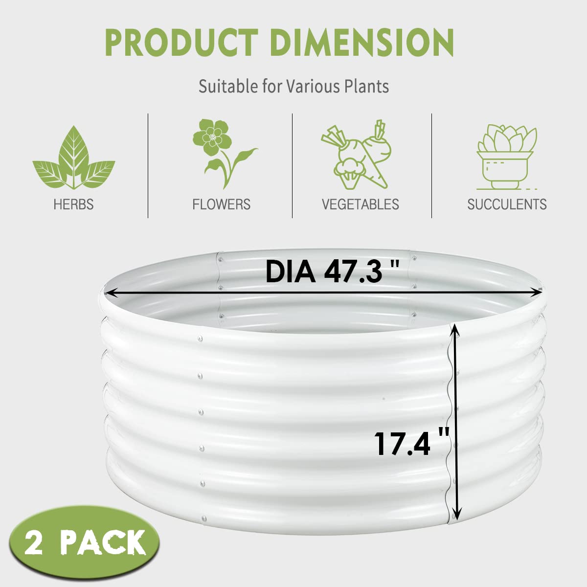FORTUNO 2 Pcs 17" Tall 4 Ft Round Raised Garden Bed Box Galvanized Metal Outdoor High Flower Bed Steel Patio Ground Planter for Planting Vegetables and Herbs, White