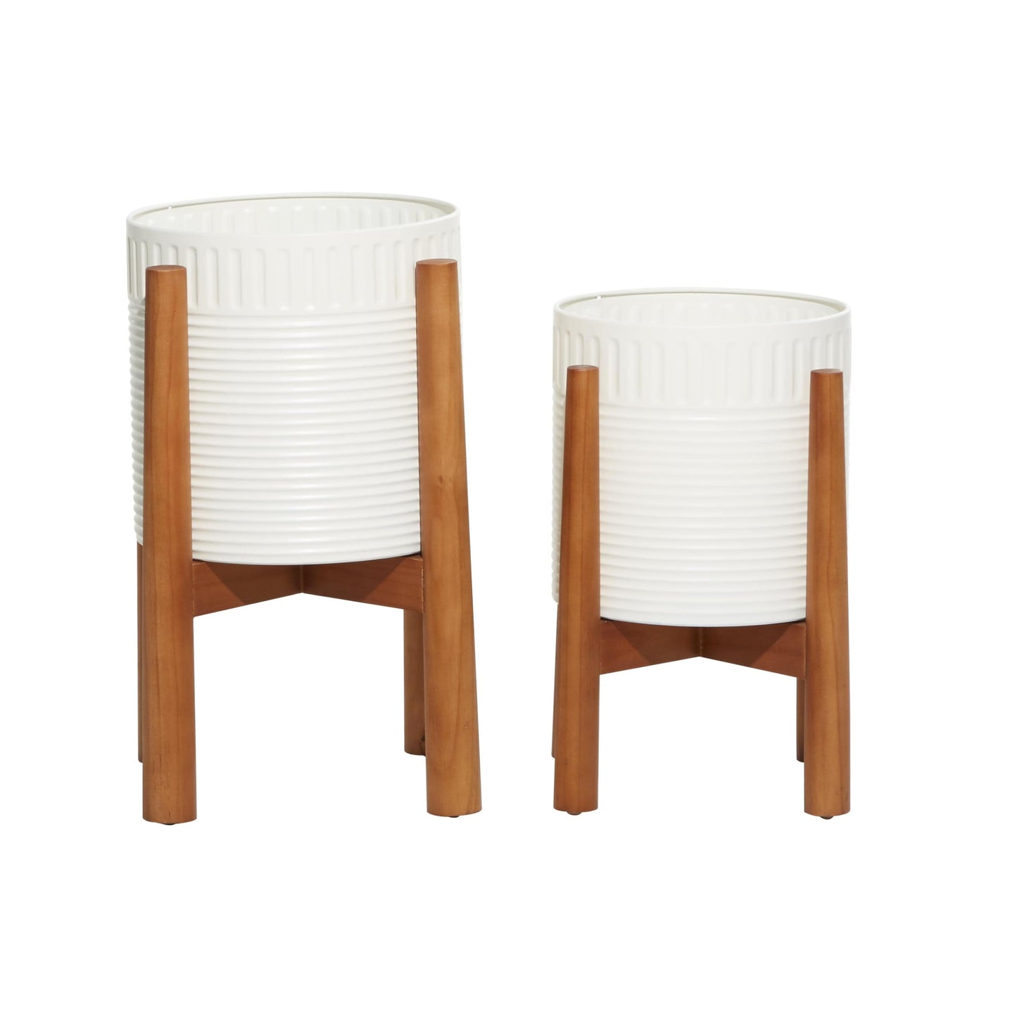 Deco 79 Metal Indoor Outdoor Planter Large Planter Pot with Removable Wood Stand, Set of 2 Planters 17", 15"H, White