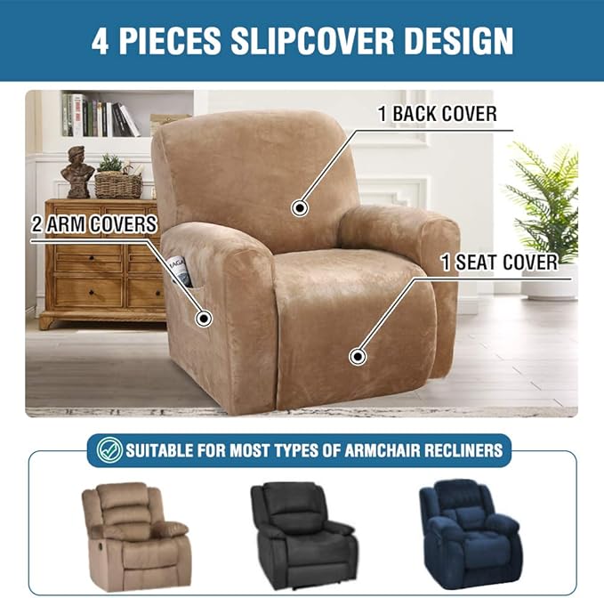 H.VERSAILTEX Velvet Stretch Recliner Couch Covers 4-Pieces Style Recliner Chair
