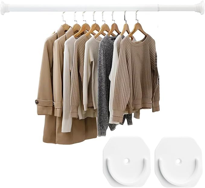 Closet Rod, 30 to 52 Inch Adjustable Closet Rods for Hanging Clothes Heavy Duty Closet Hanging Rod White Closet Poles for Wardrobes with No Drilling Holder