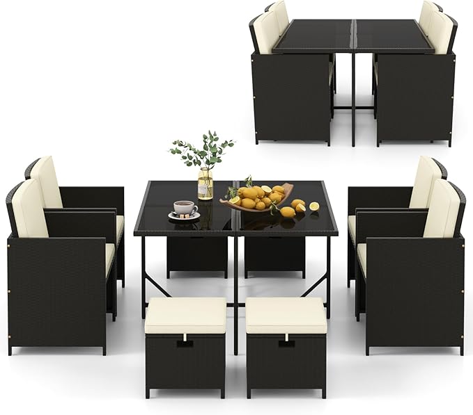 Tangkula 9 Pieces Outdoor Dining Furniture Set, Space-Saving Wicker Rattan