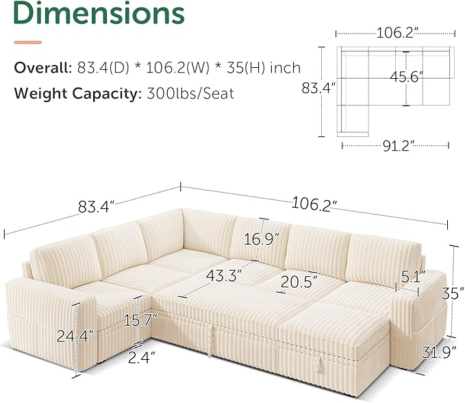 HONBAY Modular Sectional Sleeper Sofa