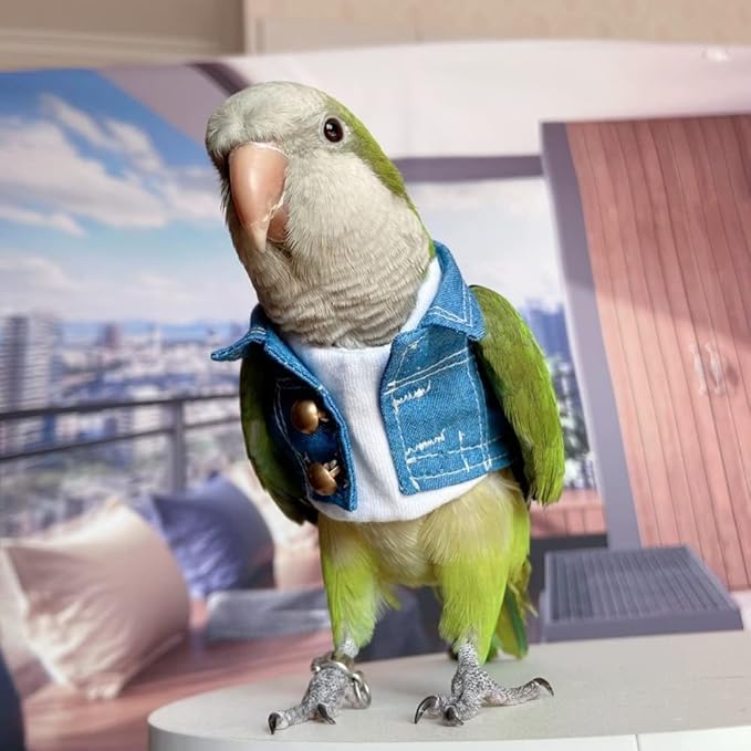 Bird Costume Bird Diaper Flight Suit Bird Jeans Fake Two Pieces Bird Clothes Cosplay Photo Prop for Parrots Lovebird Parakeet Cockatiel Small Animals Apparel (with Diaper,Cockatiel)