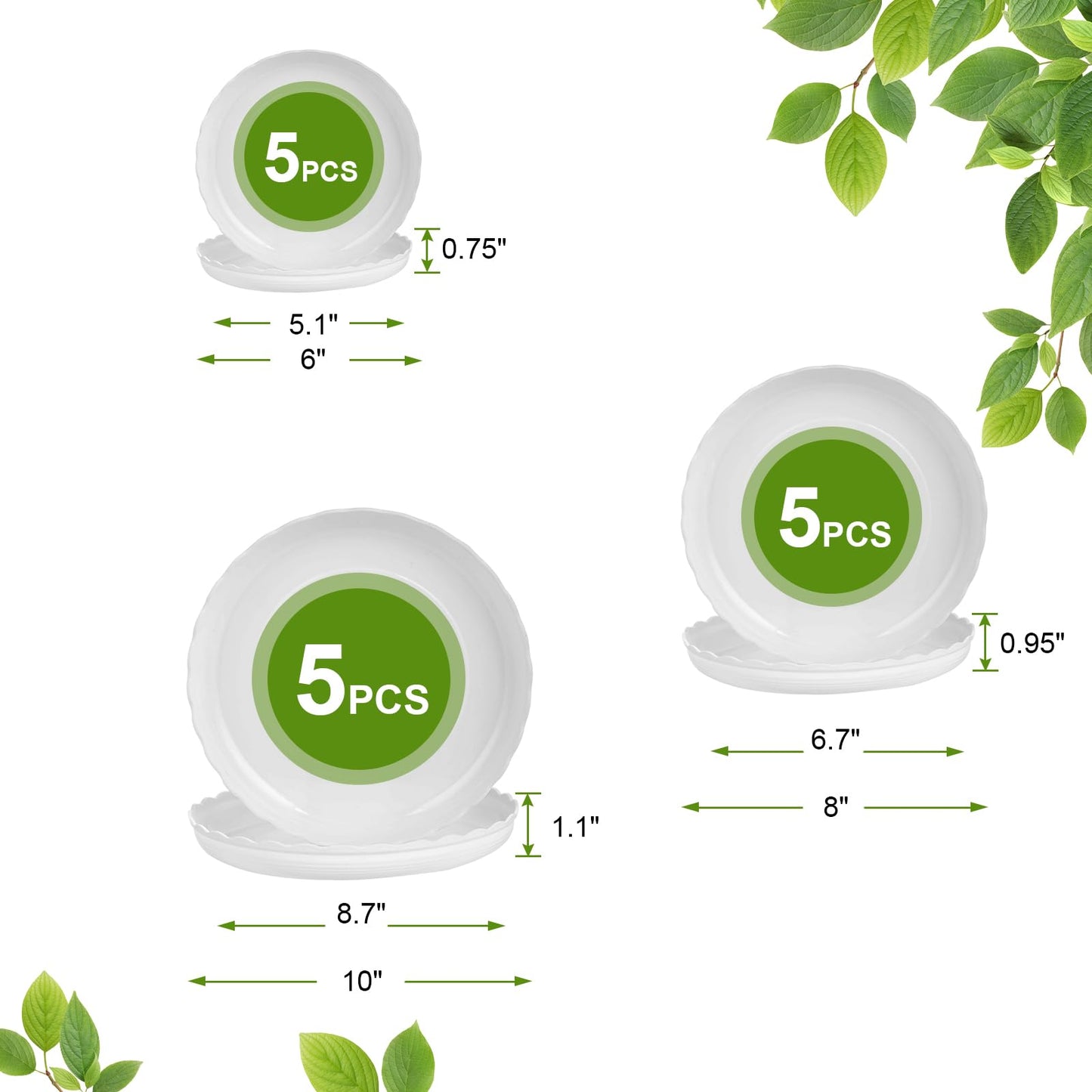 OFiSEXPT 15 Pcs Plastic White Round Wave Plant Saucer,6 Inch/8 Inch/10 Inch,Durable Duty Flower Plant Pot Drip Tray Container for Home Garden Indoor and Out Door Plant