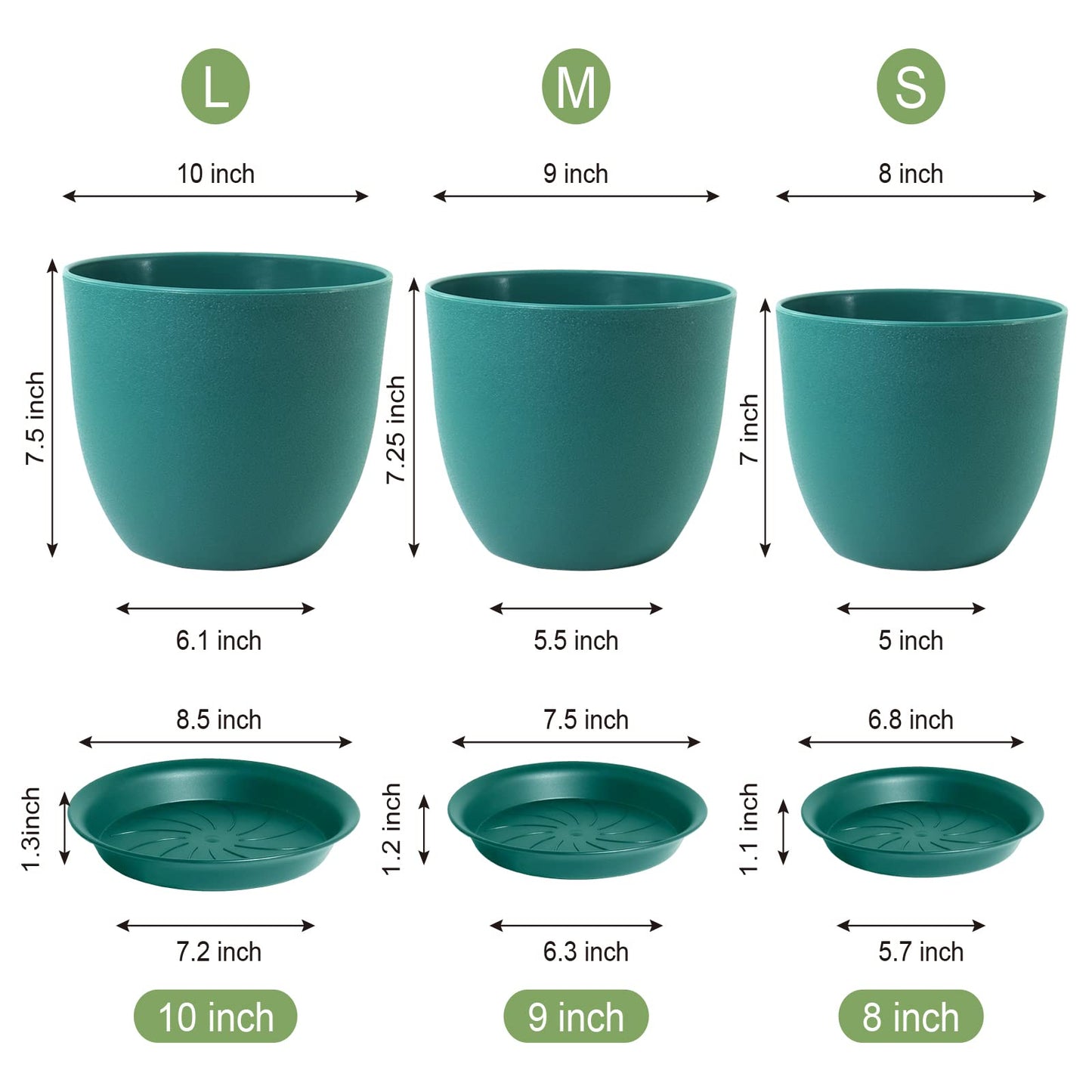 WOUSIWER Plant Pots 10/9/8 inch, Set of 3 Modern Decorative Plastic Planters with Drainage Holes and Saucers for House Plants Indoor Flowers Plants, Blue