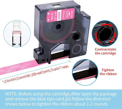 Freshworld Compatible with Dymo D1 Colorpop 12mm 0.47" Label Tape 45013 D1 Label Refills, for COLORPOP Maker Labelmanager 160 280 360D 420P PnP, Clear/White, Black/Purple/Pink Glitter, 5-Pack