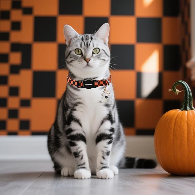 2 Pack Fall Cat Collars Breakaway with Bell, DOGWONG Safety Buckle Orange Plaid Halloween Cute Cat Collar for Girl Boy Cats，Adjustable 7-12 Inch