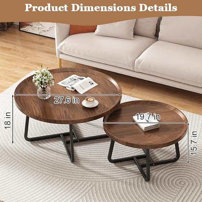Round Nesting Coffee Table Set of 2, Mid Century Modern, Center