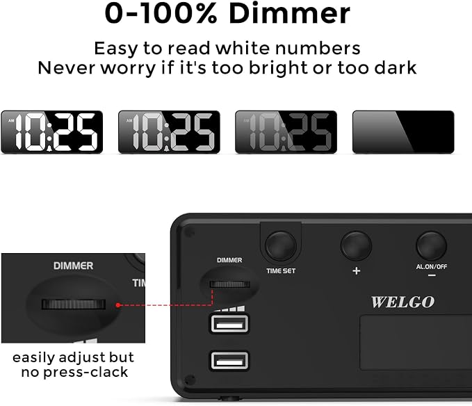 Welgo Senior Friendly Digital Alarm Clock, 7.5 Inches Large Display, Easy to Ues, Fully Range Brightness, Adjustable Volume, Convenient USB Charging Port for Bedside