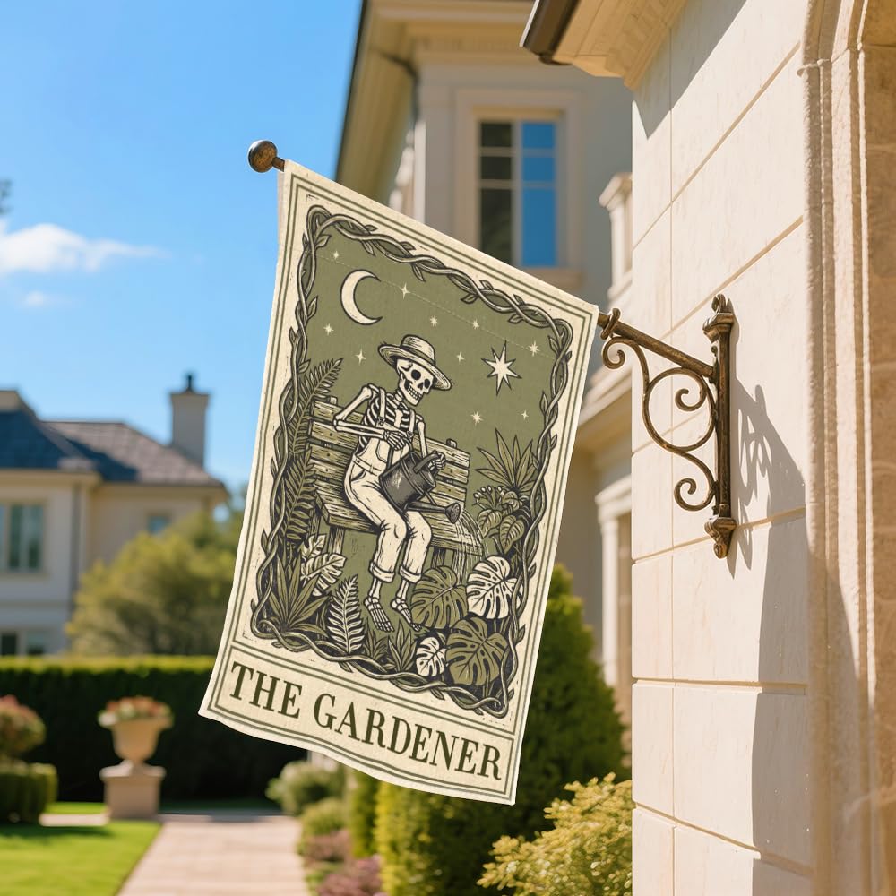 SRWNFOS The Gardener Garden Flags for Outside, Gothic Garden Flag for Plant Lover, Spooky Yard Banner for Gardener, Funny Skeleton Planting Lawn Yard Sign Decor, Halloween Gifts for Family Friends