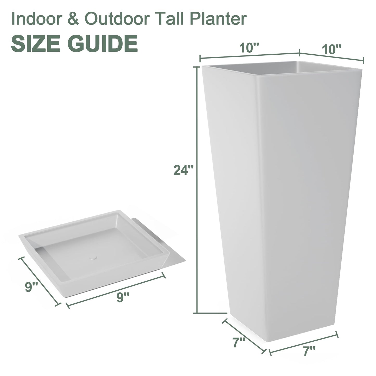 PolarcoForgeco 24" Tall White Planters for Outdoor Plants Set of 2, Large Flower Pots Planters with Drainage Holes & Tray, Modern Indoor Tapered Tall Planter for Front Porch