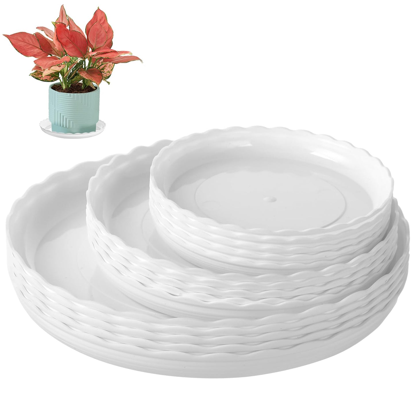 OFiSEXPT 15 Pcs Plastic White Round Wave Plant Saucer,6 Inch/8 Inch/10 Inch,Durable Duty Flower Plant Pot Drip Tray Container for Home Garden Indoor and Out Door Plant