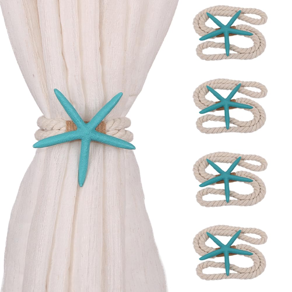 4PCS Starfish Curtain Tiebacks - Hand-Woven Rope Tiebacks for Indoor & Outdoor Decor, Perfect for Coastal Bedroom Curtains & Living Room Window Decor (Sea Blue)
