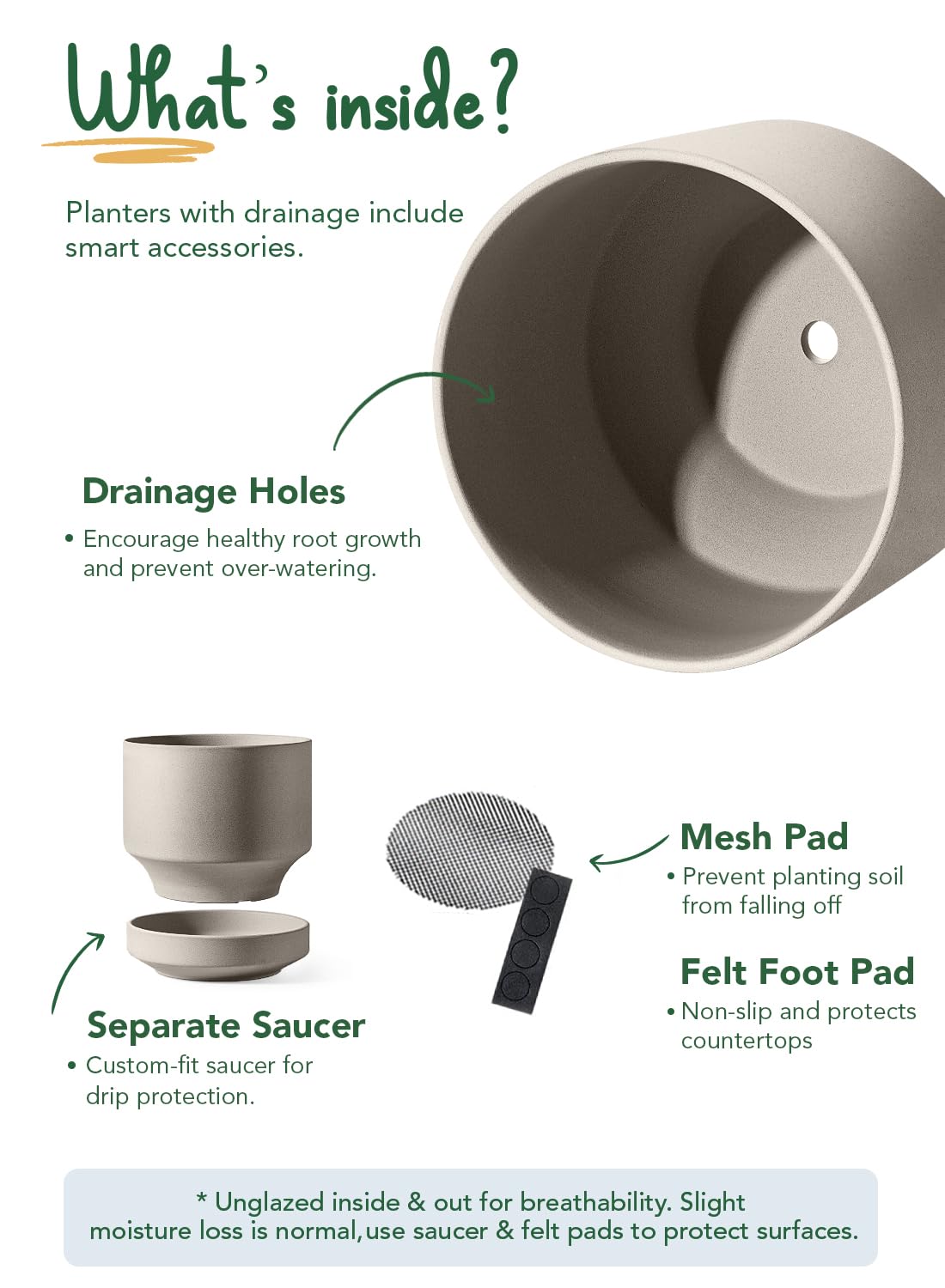 LE TAUCI 12 Inch Pots for Plants with Saucer | Ceramic Outdoor & Indoor Planter Pot for Plants | Drainage Hole, Mesh Pad | Unglazed Porous | Modern for Home, Office and Patio – Neutral Gray