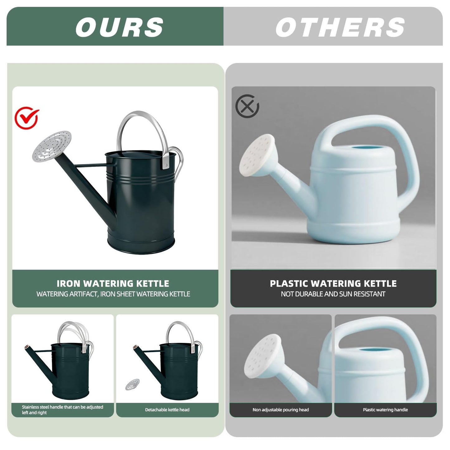 Metal Watering Can for Outdoor Plants, 1.7 Gallon Dark Green Garden Watering Can for Flower, Houseplants, Galvanized Finish