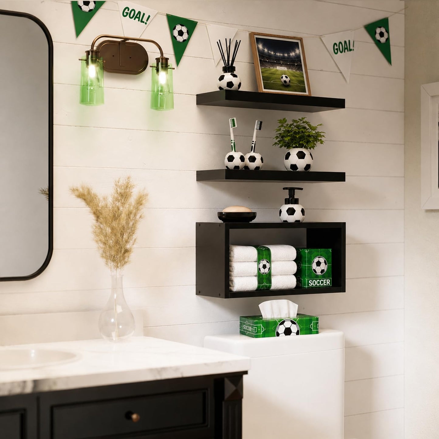 RICHER HOUSE Black Floating Shelves Set of 3, Modern Bathroom Shelves Wall Mounted Shelves for Wall Decor, Over Toilet Black Wall Shelves for Bathroom Bedroom, Living Room, Kitchen