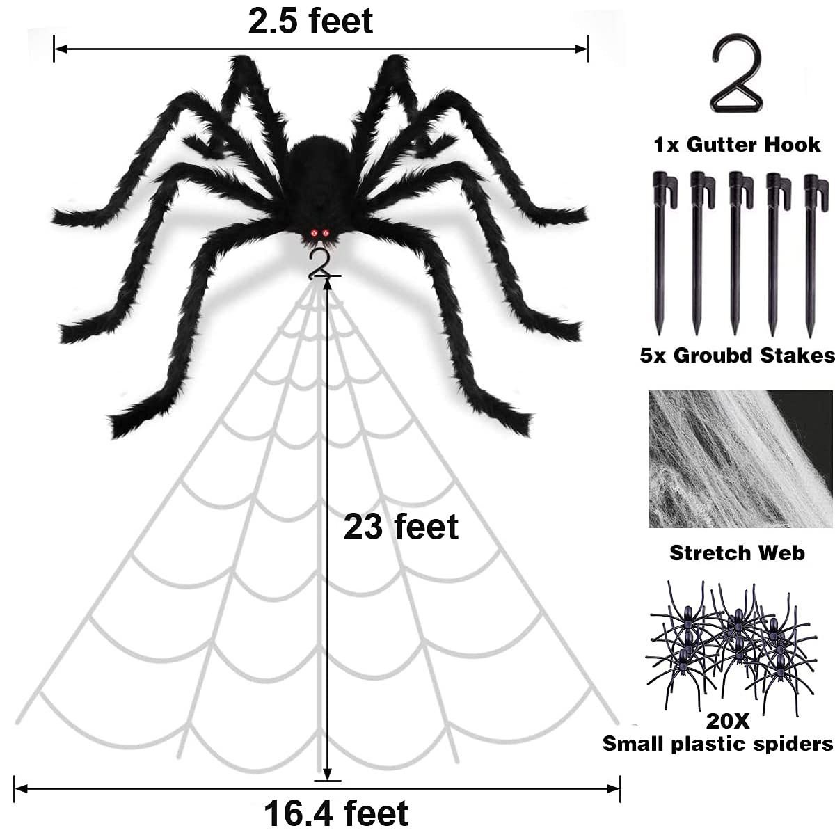 JOINSI 23ft Spider Web Halloween Decorations + 2.5ft Giant Fake Spider + Stretchy Dense Spider Silk + 20Pcs Small Spiders for Indoor Outdoor Yard Home Party Supplies Decor