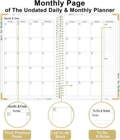 Undated Daily Monthly Planner for 2025 2026 - A5 To Do List with Hourly Schedule, Hardcover Spiral Bound Daily Planner to Increase Focus, Stylish School/Office Supplies, 5.8" x 8.5", Green Leaf