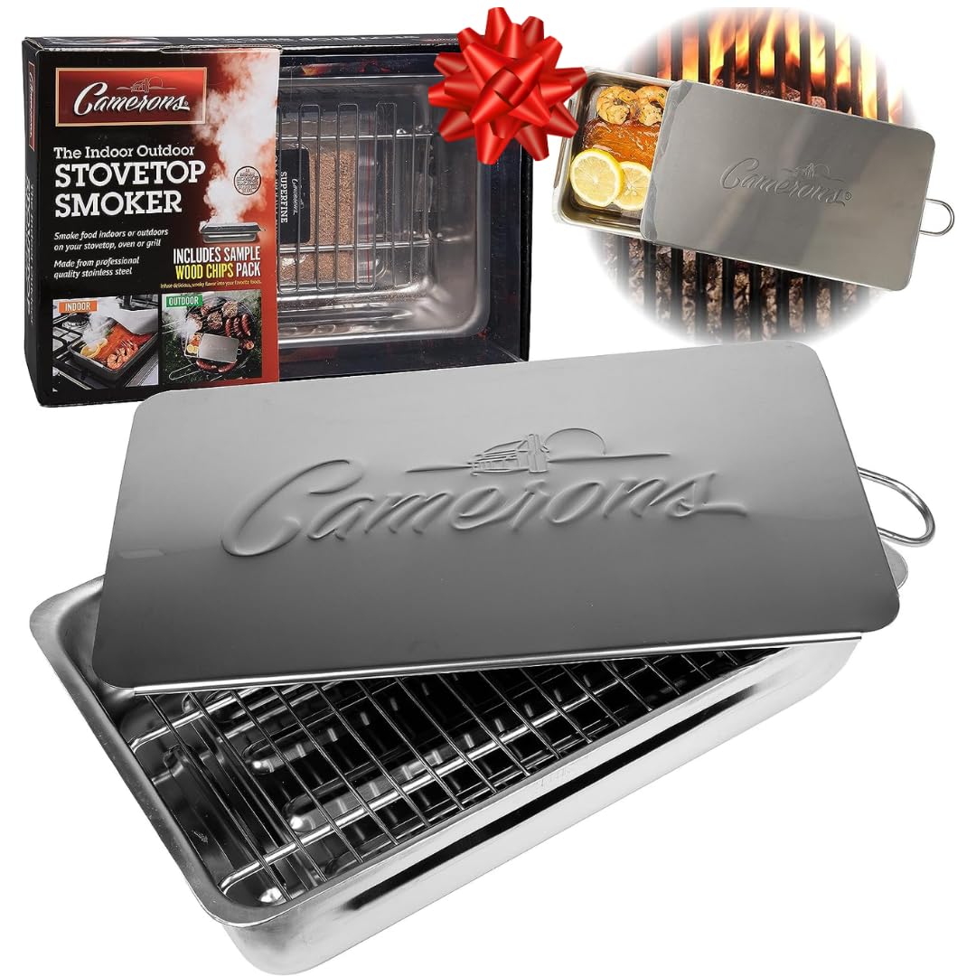 Camerons Indoor Outdoor Stovetop Smoker - Stainless Steel Barbecue Smoker Box w/Oak Wood Chips & Recipes - Works On Any Heat Source, Stovetop or BBQ Grill for Smoking Meats - Grilling Gift for Men