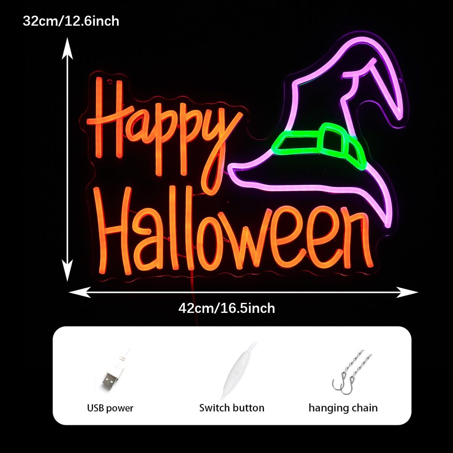 Happy Halloween Neon Sign Mysterious Purple Green Hat LED Neon Light for Wall Decor Dimmable USB Powered Halloween Light Up Sign for Halloween Decor Home Spooky Party bedroom Decor(16.5 * 12.6 In)