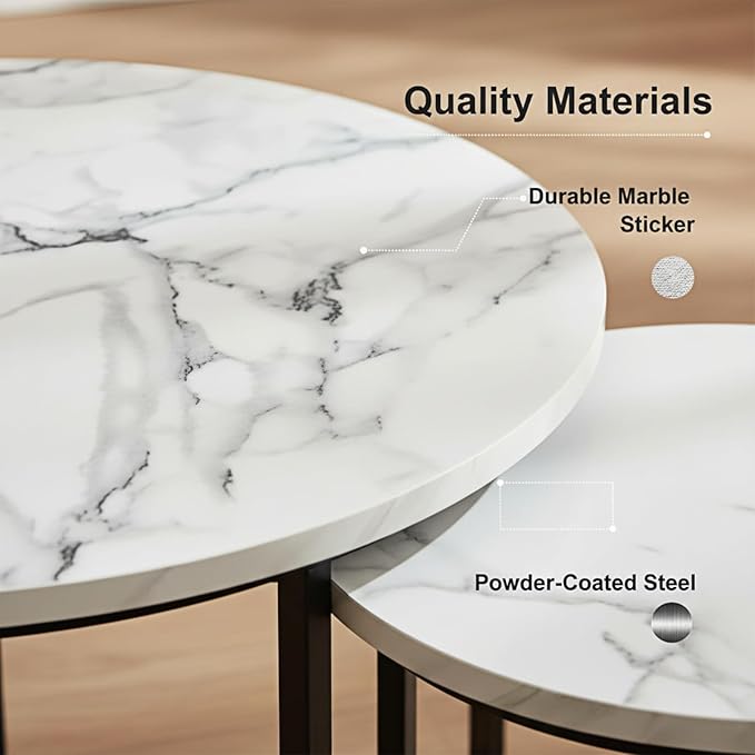 Round Nesting Coffee Table Set of 2, Modern Marble Pattern Wooden Nesting Tables
