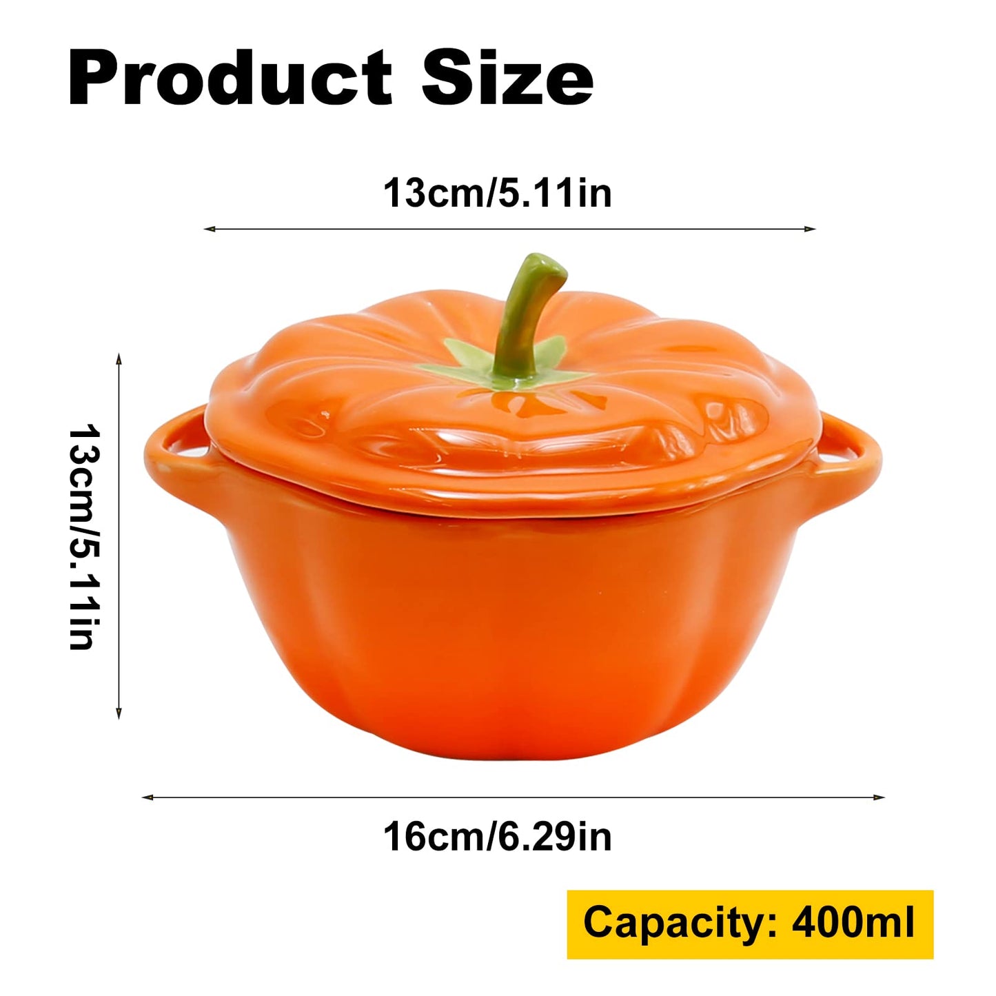 MDEOOSKY 400ml/13oz Pumpkin Shaped Ceramic Bowl with Lid & Handle, Covered Dessert Bowl, Serving Bowl for Fruit, Salad, Snack, Soup, Stylish Home Kitchen Tableware, Gift Idea