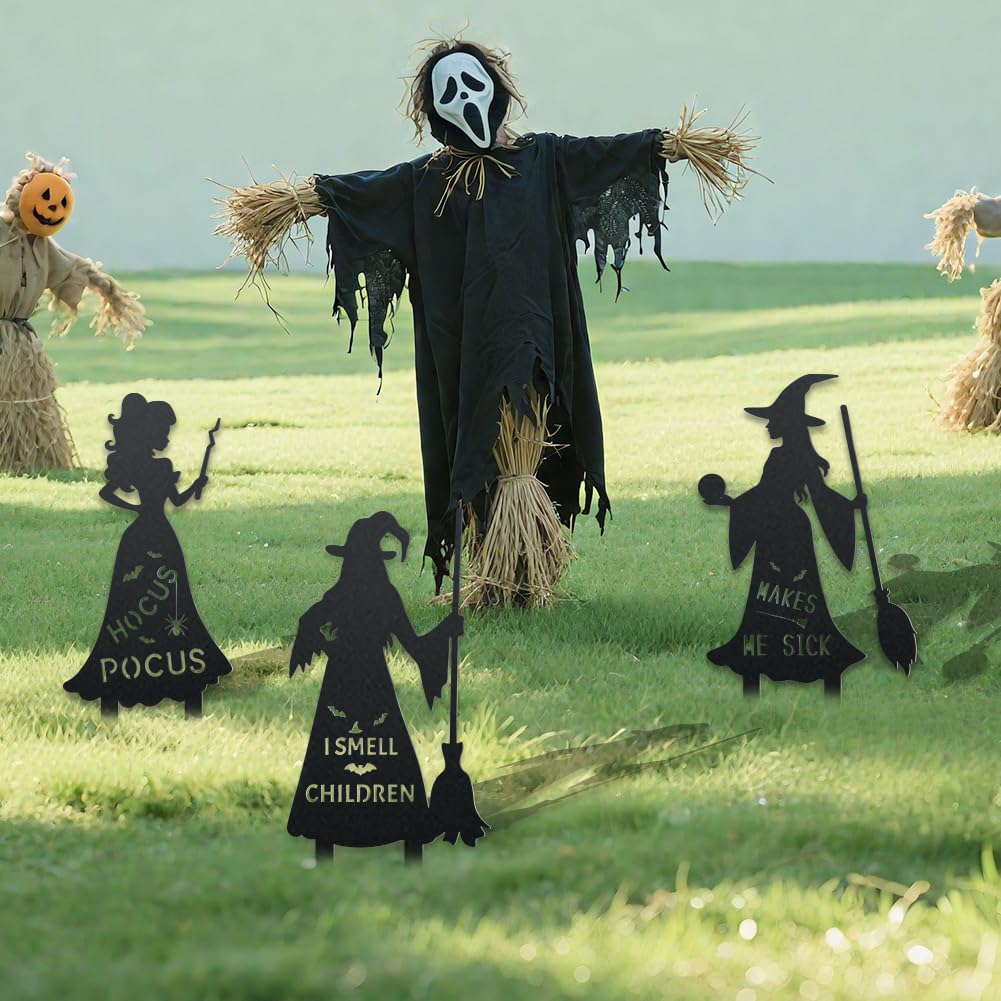 WADORN 3Pcs Halloween Witches Metal Decorative Garden Stakes, Metal Halloween Silhouette Yard Signs Hocus Pocus Garden Scary Ornament Sign for Garden Outdoor Backyard Patio Lawn Holiday Party Decor
