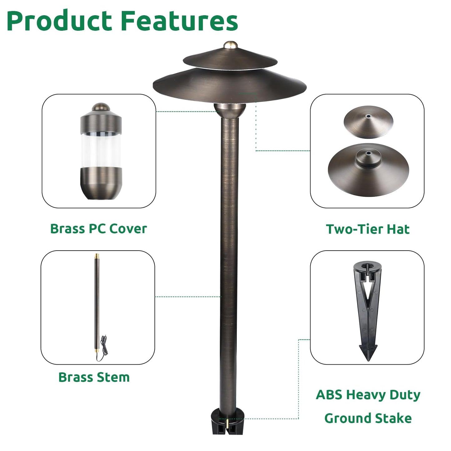 DOSHINE® Solid Brass Low Voltage Landscape Lighting Pathway Lights (8.25" Shade, 22" Tall) with Replaceable 3W G4 LED Bulb 3000K AC/DC 12V and Ground Stake for Outdoor Walkway Driveway (DOU, 6-Pack)