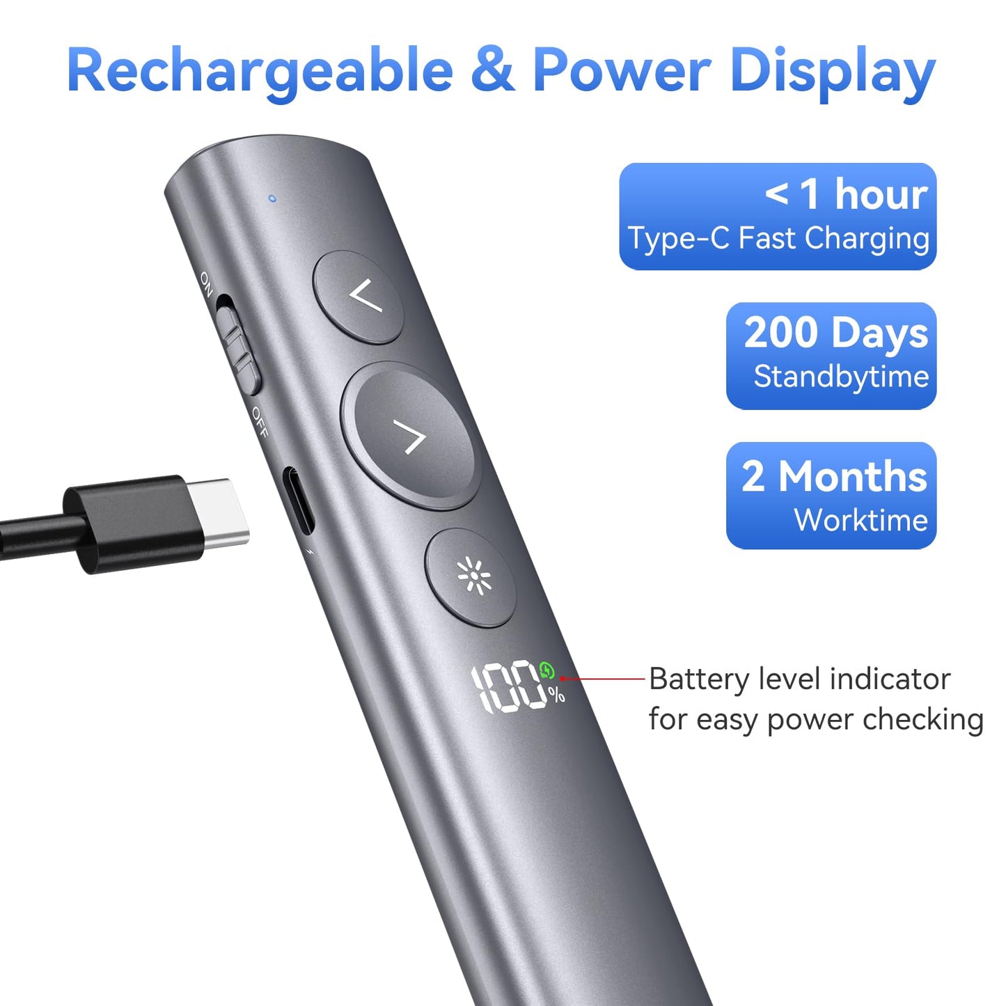 Rechargeable Presentation Clicker with Green Laser Pointer for PowerPoint, Power Display Wireless Presenter Remote with USB-A & USB-C Dongle, Slide Advancer for Mac, Windows, Laptop, Classroom, Office