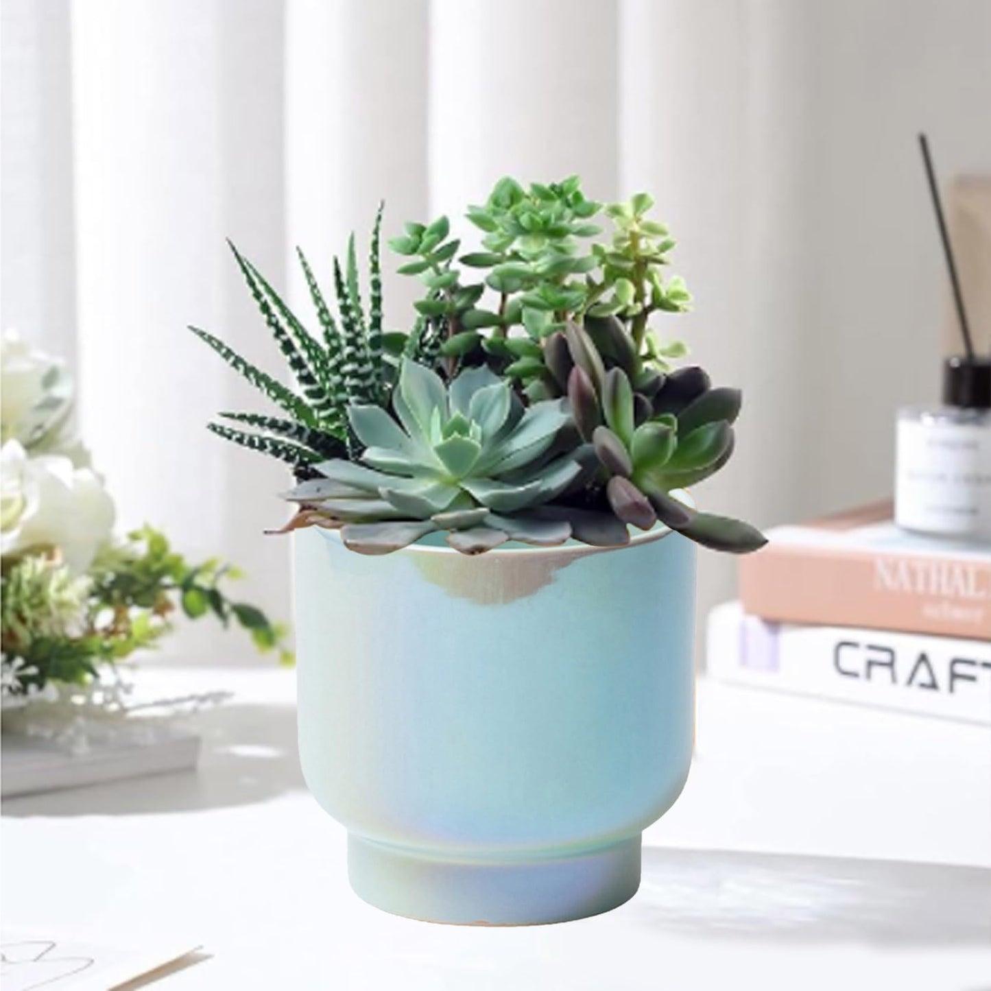 LB Blue Ceramic Planters for Indoor Plants, Succulent Plant Pots Ceramic Plant Pot, Modern Flower Pots for Living Room Office Home Decor, Round Flower Pot of 4.3 Inch(Plant Not Included)