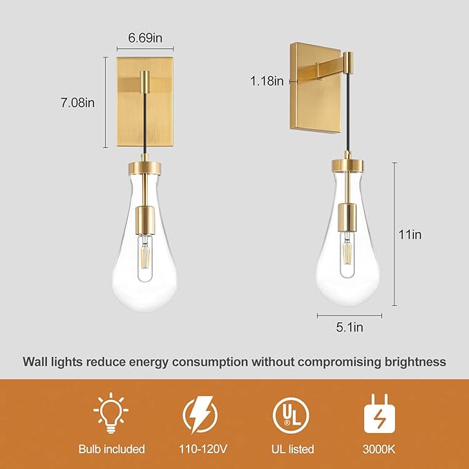 BELS 17inch Gold Wall Sconce, Modern Raindrop Shade Wall Light, 3000K Warm Light, E26, Hardwire Wall Light Fixtures for Living Room, Bedroom, Dining Room, 1 Pack(Bulb Included)